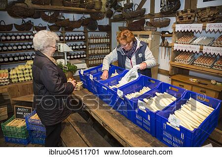 Stock Image - Asparagus sale at the farm shop, asparagus farm Schulte-Scherlebeck, Herten, Ruhr district, North Rhine-Westphalia, Germany, Europe. Fotosearch