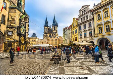 Astronomical clock on Old Town Hall, Tyn Cathedral, Christmas market on the Old Town Square, historic centre, Prague, Czech Republic, Europe View Large Photo Image Picture - Astronomical clock on Old Town Hall, Tyn Cathedral, Christmas market on the Old Town Square, historic centre, Prague, Czech Republic, Europe. Fotosearch