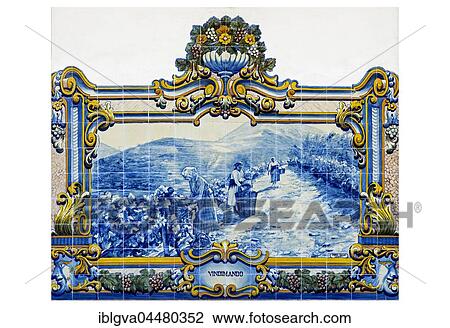 Stock Image - Azulejo, ceramic tile with grape harvest motif, Alto Douro Wine Region, Pinhao, Portugal, Europe. Fotosearch