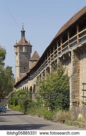 Stock Image - Battlement and city wall, Klingentorturm, Old Town, Rothenburg ob der Tauber, Middle Franconia, Bavaria, Germany, Europe. Fotosearch