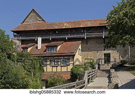 Stock Image - Battlement, City wall, Old town, Rothenburg ob der Tauber, Middle Franconia, Bavaria, Germany, Europe. Fotosearch