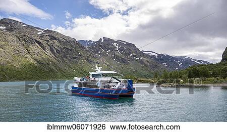Stock Photograph - Boat at sea Gjende, Jotunheimen National Park, Vågå, Innlandet, Norway, Europe. Fotosearch