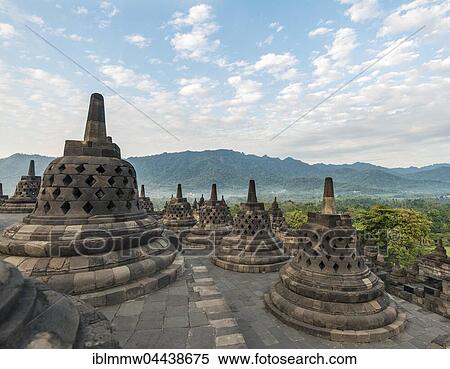 Stock Photography - Borobudur Temple Complex, cloudy sky, stupas, Borobudur, Yogyakarta, Java, Indonesia, Asia. Fotosearch