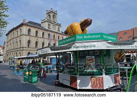 Stock Photo - Bratwurst stand in front of the town hall, market place, Weimar, Thuringia, Germany, Europe. Fotosearch