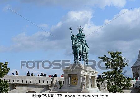 Stock Photograph - Budapest, equestrian statue for King Stephen, near Matthias Church, Fishermen's Bastion on Castle Hill, Buda, Hungary, Europe. Fotosearch