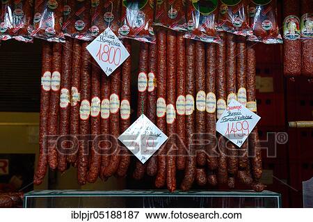 Stock Photo - Budapest, long sausages, market hall, Hungary, Europe. Fotosearch