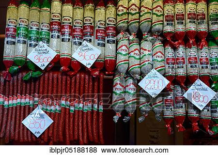 Stock Photo - Budapest, long sausages, market hall, Hungary, Europe. Fotosearch