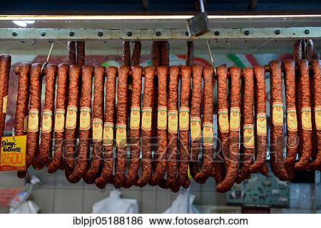 Stock Photograph - Budapest, long sausages, market hall, Hungary, Europe. Fotosearch