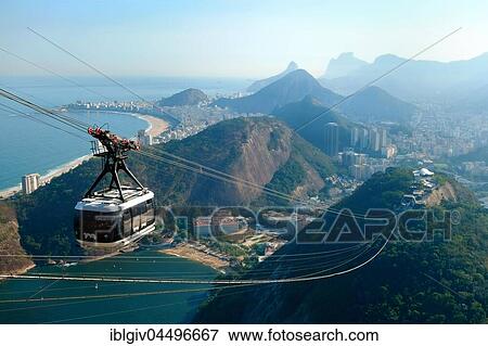 Stock Photo - Cableway to the Sugarloaf Mountain, at back Copacabana, Rio de Janeiro, Brazil, South America. Fotosearch