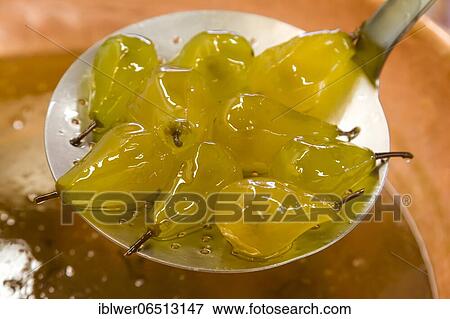 Stock Photo - Candied pears, candied fruit, Confiserie Florian, Nice, Côte d'Azur, France, Europe. Fotosearch