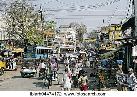 Stock Image - Chaotic traffic on street, Varanasi, Uttar Pradesh, India, Asia. Fotosearch