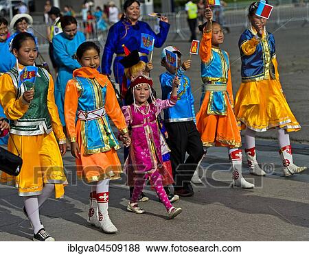 Stock Photo - Children in traditional Deel clothes, procession at the festival of the Mongolian national costume, Ulaanbaatar, Mongolia, Asia. Fotosearch