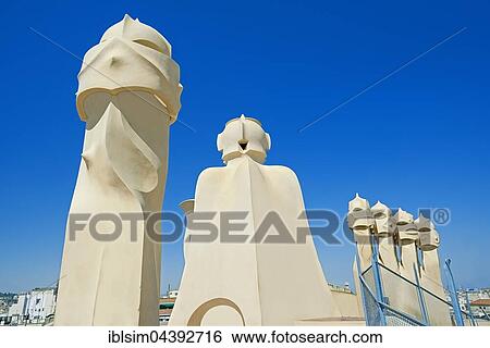 Chimneys, Casa Mila, Barcelona, Catalonia, Spain, Europe View Large Photo Image Stock Photograph - Chimneys, Casa Mila, Barcelona, Catalonia, Spain, Europe. Fotosearch