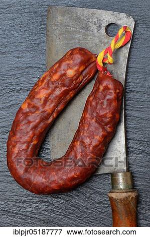 Chorizo, chorizo sausage and cleaver, paprika sausage View Large Photo Image Stock Photo - Chorizo, chorizo sausage and cleaver, paprika sausage. Fotosearch