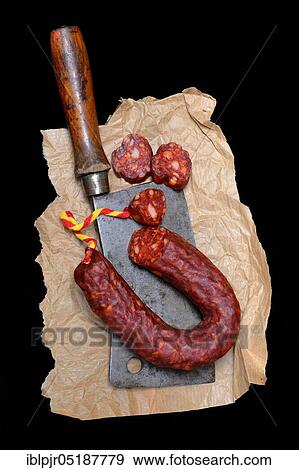 Stock Photo - Chorizo, chorizo sausage and cleaver, paprika sausage. Fotosearch