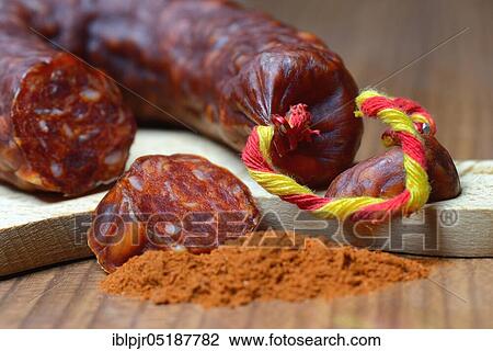 Stock Image - Chorizo, chorizo sausage and paprika powder, paprika sausage. Fotosearch