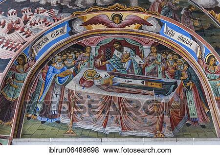 Stock Photo - Christian wall paintings, Unesco world heritage sight Rila Monastery, Rila mountains, Bulgaria, Europe. Fotosearch