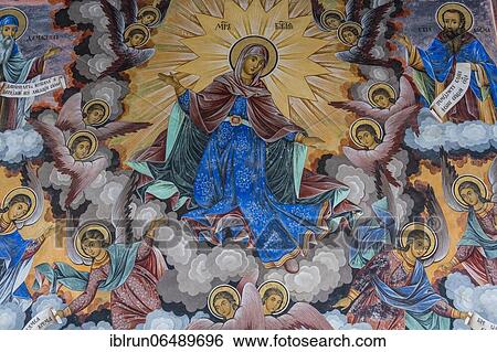 Stock Photograph - Christian wall paintings, Unesco world heritage sight Rila Monastery, Rila mountains, Bulgaria, Europe. Fotosearch