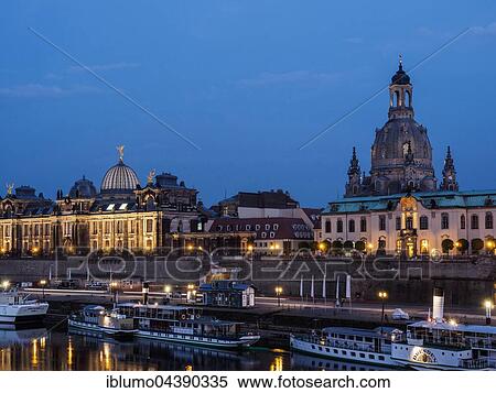 Stock Photography - Church of Our Lady, Brühl's Terrace, Weisse Flotte, night shot, Dresden, Saxony, Germany, Europe. Fotosearch