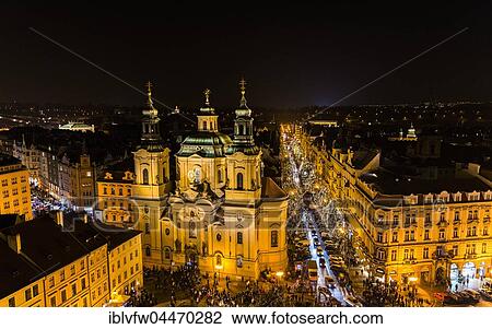 Church of St. Nicholas in Old Town Square, view from Old Town Hall at night, historic centre, Prague, Czech Republic, Europe View Large Photo Image Stock Image - Church of St. Nicholas in Old Town Square, view from Old Town Hall at night, historic centre, Prague, Czech Republic, Europe. Fotosearch