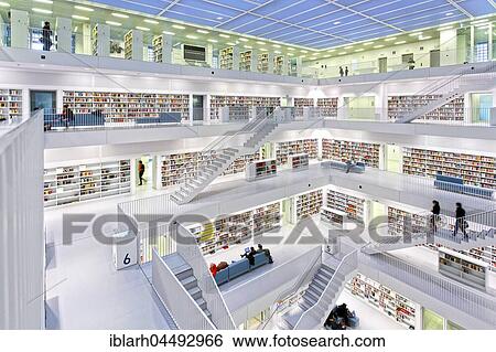 Stock Photograph - City library on Mailänder Platz, Interior, Stuttgart, Baden-Württemberg, Germany, Europe. Fotosearch