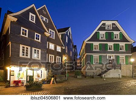 Clapboard houses at dusk, historic centre, Langenberg, Velbert, Bergisches Land, North Rhine-Westphalia district, Germany, Europe View Large Photo Image Stock Image - Clapboard houses at dusk, historic centre, Langenberg, Velbert, Bergisches Land, North Rhine-Westphalia district, Germany, Europe. Fotosearch
