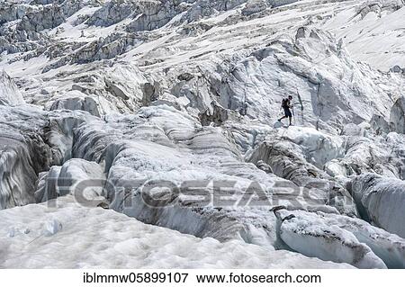 Stock Photo - Climber walking on rutted glacier, glacier ice with crevasses, glacier tongue, Glacier des Bossons, La Jonction, Chamonix, Haute-Savoie, France, Europe. Fotosearch