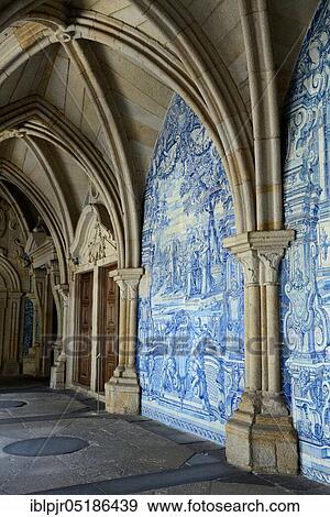 Stock Photo - Cloister with wall tiles in the cathedral of Porto, Azulejos, Se do Porto, Porto, Portugal, Europe. Fotosearch
