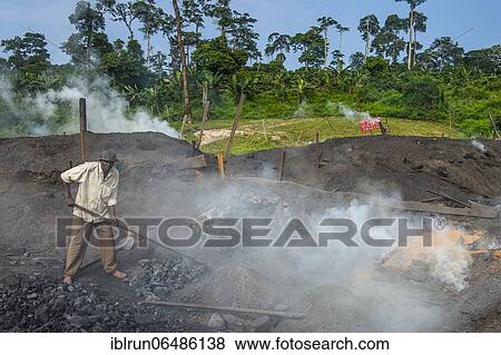Stock Photo - Coal production out of wood, Libongo, deep in the jungle of Cameroon. Fotosearch