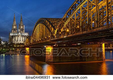 Stock Image - Cologne Cathedral, Hohenzollern Bridge, River Rhine, Historic centre, Night Scene, Cologne, North Rhine-Westphalia, Germany, Europe. Fotosearch
