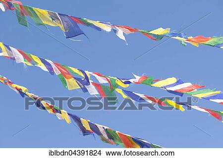 Picture - Colored prayer flags at Boudhanath stupa, Bodnath, Kathmandu, Nepal, Asia. Fotosearch