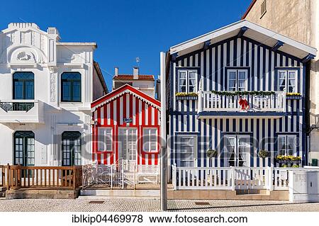 Stock Photo - Colorful houses in Costa Nova, Aveiro, Portugal, Europe. Fotosearch