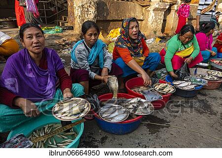Stock Image - Colourful dressed women vendors selling fish, Ima Keithel women´s market, Imphal, Manipur, India, Asia. Fotosearch