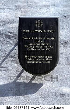 Stock Image - Commemorative plaque, printer workshop, Erfurt, Thuringia, Germany, Europe. Fotosearch