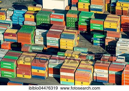 Stock Photo - Container terminal Logport II, stacked containers, Duisburg, Ruhr district, North Rhine-Westphalia, Germany, Europe. Fotosearch