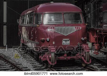 Stock Image - Converted minibus to rail vehicle, railway depot, Lost Place, Dahlhausen, North Rhine-Westphalia, Germany, Europe. Fotosearch