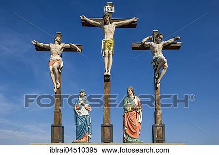 Stock Photography - Crucifixion of Jesus, Jesus and two thieves, St. Anne and Mary, Calvary, Klosterlechfeld, Swabia, Bavaria, Germany, Europe. Fotosearch