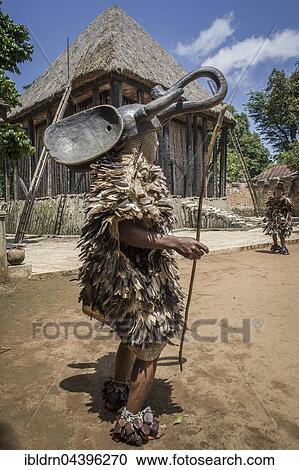 Stock Image - Dancer in traditional clothing wearing carved mask, Atchum, Fon's Palace, Bafut, Bamenda, North-West Region, Cameroon, Africa. Fotosearch