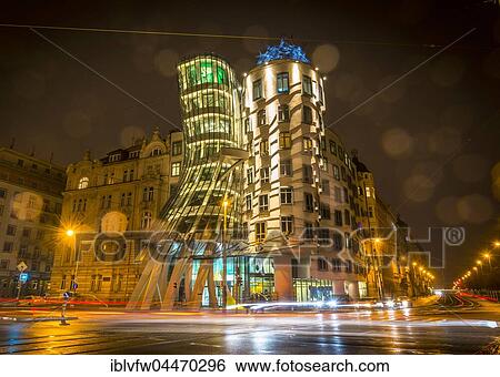 Dancing House, Ginger and Fred, architect Frank Gehry, trails of light, night scene, Prague, Czech Republic, Europe View Large Photo Image Stock Photograph - Dancing House, Ginger and Fred, architect Frank Gehry, trails of light, night scene, Prague, Czech Republic, Europe. Fotosearch