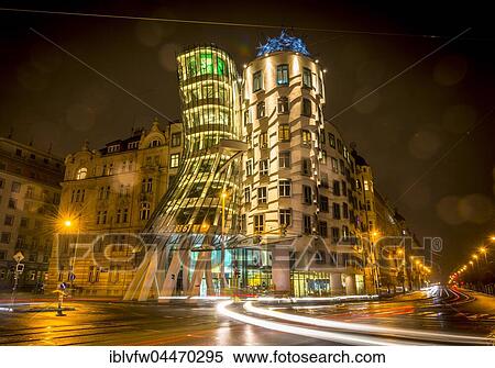 Dancing House, Ginger and Fred, architect Frank Gehry, trails of light, night scene, Prague, Czech Republic, Europe View Large Photo Image Stock Photography - Dancing House, Ginger and Fred, architect Frank Gehry, trails of light, night scene, Prague, Czech Republic, Europe. Fotosearch