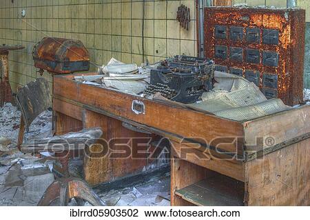 Desk with typewriter, derelict Hermes paper factory, Lost Place, Düsseldorf, North Rhine-Westphalia, Germany, Europe View Large Photo Image Stock Image - Desk with typewriter, derelict Hermes paper factory, Lost Place, Düsseldorf, North Rhine-Westphalia, Germany, Europe. Fotosearch