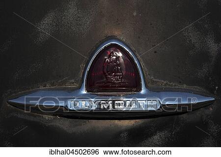 Stock Photograph - Detail, Logo Oldtimer Plymouth, scrap car, Washington, USA, North America. Fotosearch