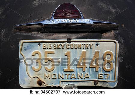Detail, Montana license plate in 1967 and Logo, Vintage Plymouth, scrap car, Washington, USA, North America View Large Photo Image Stock Photo - Detail, Montana license plate in 1967 and Logo, Vintage Plymouth, scrap car, Washington, USA, North America. Fotosearch