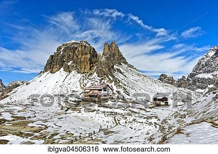 Dreizinnenhütte in front of Sextener Stein and Toblinger Knoten in the snow, Sexten Dolomites, South Tyrol Province, Province of South Tyrol, Italy, Europe View Large Photo Image Stock Photograph - Dreizinnenhütte in front of Sextener Stein and Toblinger Knoten in the snow, Sexten Dolomites, South Tyrol Province, Province of South Tyrol, Italy, Europe. Fotosearch