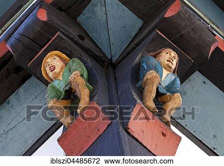 Stock Image - Eckmänneken, details on half-timbered house, built in 1471, Warburg, Westphalia-Lippe, North Rhine-Westphalia, Germany, Europe. Fotosearch