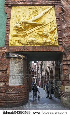 Entrance to Böttcherstraße, golden relief, bas-relief, The Lightbringer Roland Hoetger, Altstadt, Bremen, Germany, Europe View Large Photo Image Stock Photo - Entrance to Böttcherstraße, golden relief, bas-relief, The Lightbringer Roland Hoetger, Altstadt, Bremen, Germany, Europe. Fotosearch