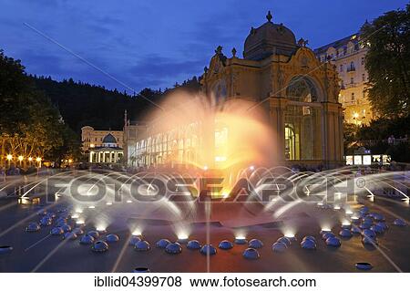 Evening mood, musical fountain, illuminated fountain with colonnade, new colonnade, Nová kolonáda, main colonnade, Marianske Lazne, Bohemia, Czech Republic, Europe View Large Photo Image Stock Photo - Evening mood, musical fountain, illuminated fountain with colonnade, new colonnade, Nová kolonáda, main colonnade, Marianske Lazne, Bohemia, Czech Republic, Europe. Fotosearch