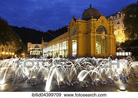 Evening mood, musical fountain, illuminated fountain with colonnade, new colonnade, Nová kolonáda, main colonnade, Marianske Lazne, Bohemia, Czech Republic, Europe View Large Photo Image Stock Photo - Evening mood, musical fountain, illuminated fountain with colonnade, new colonnade, Nová kolonáda, main colonnade, Marianske Lazne, Bohemia, Czech Republic, Europe. Fotosearch