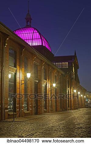Event Center, former fish auction hall, Altona Fish Market, Night Scene, Altona, Hamburg, Germany, Europe View Large Photo Image Stock Image - Event Center, former fish auction hall, Altona Fish Market, Night Scene, Altona, Hamburg, Germany, Europe. Fotosearch