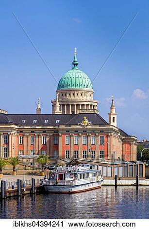 Stock Image - excursion boat in front of Parliament Potsdam and St. Nicholas Church, Potsdam, Brandenburg, Germany, Europe. Fotosearch